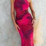 One Shoulder Floral Print Mesh Bodycon Maxi Dress