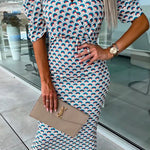 Margovil Wrap V Neck Puff Sleeves Printed Midi Bodycon Dress