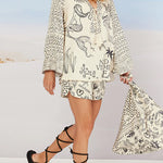 Margovil Collared V Neck Shirt and Side Slit Shorts Vitamin Sea Print Set