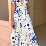 Deep V Neck Puff Sleeves Printed Swing Maxi Dress