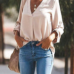 Margovil V Neck Roll Up Long Sleeves Blouse Shirt