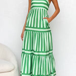 Margovil Spaghetti Strap Ruffle Tiered Color Block Striped Maxi Dress