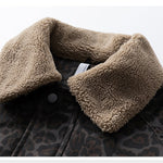 KZZ Vintage Leopard Print Lapel Fleece Lined Warm Jacket