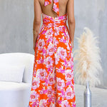 Halter Backless Waisted Floral Print Swing Maxi Dress