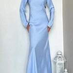 Margovil Round Neck Long Sleeves Satin Maxi Party Dress