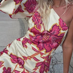 Margovil One Shoulder Long Sleeve Floral Print Maxi Dress