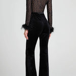 Margovil Feather Cuffs Bell Bottom Velvet Splice Jumpsuit