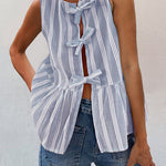Margovil Crewneck Sleeveless Striped Ruffle Bow Top