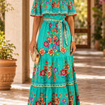 Margovil Off Shoulder Bow Waist Floral Print Ruffle Tiered Maxi Dress