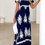 Square Neck Backless Abstract Print Maxi Dress