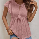 Nadorine Eyelet Tie-Neck Flutter-Sleeve Top Solid Color Casual Blouse for Women Casual Work Office Loose Fit 2026 | Under $40