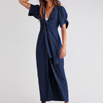 V Neck Short Sleeve Button Down Blouse Dress Tie Casual Long Maxi Dresses