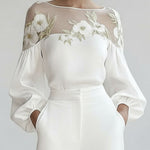 Loose Puff Sleeves Applique Flower Shape Mesh Split-Joint Round-Neck Blouses&Shirts Tops