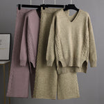 Stylish Loose Long Sleeves Solid Color V-Neck Sweater Tops& Wide Leg Pants Two Pieces Set
