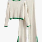 Knit Two Piece Outfit Color Block Cropped Top Long Pants Ribbed Sweater Set