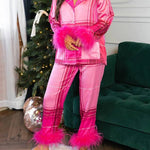 Christmas-themed satin feather-trimmed pajama set