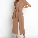 Short Sleeve V-Neck Button Closure Waist Tie Straight Wide Leg Cropped Jumpsuits with Pockets