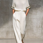 Vintage-Trimmed White Knitted Mesh Short-Sleeved Shirt And Wide-Leg Pants Set