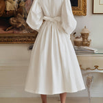 A-Line High Waisted Pleated Pockets Solid Color Tied Waist High Neck Midi Dresses