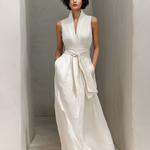 Women's Minimalist Cotton And Linen Blend V-neck Belted Sleeveless Maxi Dress