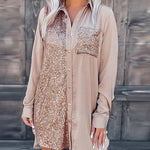 Nadorine Long Sleeve Mini Shirt Dress Lapel Button Sequin Short Dresss