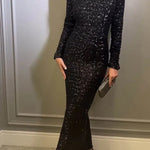 Looking To Party Sequin Padded Shoulder Backless Bow Design Maxi Dress