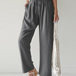 High Waist Trousers Solid Color Palazzo Pant Beach Casual Boho Drawstring Bottoms