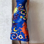 Main Stage Unique Printed Ruched Cross Over Detail Strap Midi Dress