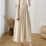 Long-Sleeve High Neck Plain Ribbed Midi A-Line Knit Dress