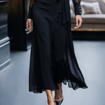 Long Sleeves Loose Buttoned Pleated Solid Color Split-Joint Tied Waist Lapel Maxi Dresses