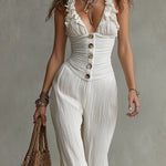 Vintage Pleated Chiffon Straight-leg Jumpsuit With Ruffled Trim