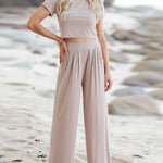 Two Piece Outfit Short Sleeve Crop Top and Wide Leg Pant Set