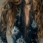 Retro Blue Floral  Velvet Lace Blouse With Bell Sleeves