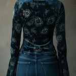 Retro Blue Floral  Velvet Lace Blouse With Bell Sleeves
