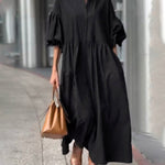 Half Sleeves Loose Buttoned Pleated Solid Color Tied Waist Stand Collar Maxi Dresses