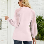 Nadorine V Neck Tops Solid Color Blouse Long Sleeve Pullover Lace Patchwork Shirt