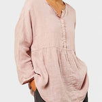 Nadorine Plus Size Cotton and Linen Casual Loose V-neck Long-sleeved Shirt Top