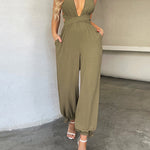 Nadorine Women's Crisscross Tie Backless Halter Jumpsuit Deep V Neck Sleeveless Jumpsuits