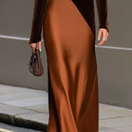 Chocolate Velvet & Satin Color-Block Maxi Dress