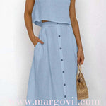 Margovil Sleeveless Crop Top and Button Down Skirt Cotton Linen Two Pieces