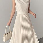A-Line Loose Pleated Solid Color Round-Neck Maxi Dresses