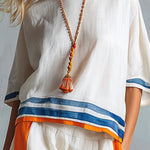 Casual Urban Style Contrast-Trimmed White T-Shirt & Wide-Leg Pants Cotton-Linen Set