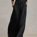 Women's Black Woven Maxi Dress With Cargo Pockets & Drawstring Waist, Timeless Casual-Chic Style Dress