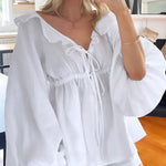 White Two-Piece Lantern Sleeve V-Neck Top and Shorts Set
