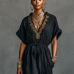 Women's Minimalist Linen Blend Embroidered Drawstring Short-sleeved Maxi Dress