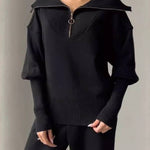 Half-open collar zipper lazy style knitted suit
