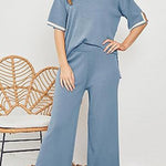 Lounge or Casual Wear Knit Patchwork Color Block Short Sleeve Top and Elastic Wide Leg Pants