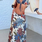 Unique Printed V-Neck Tie Cropped Top and Elastic Waist Casual Maxi Skirt Set