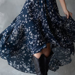 Retro Classic Floral Print Navy Blue Chiffon Sleeveless Maxi Dress