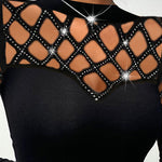 Rhinestone Hollow Out Cold Shoulder Long Sleeve Top Casual Tee